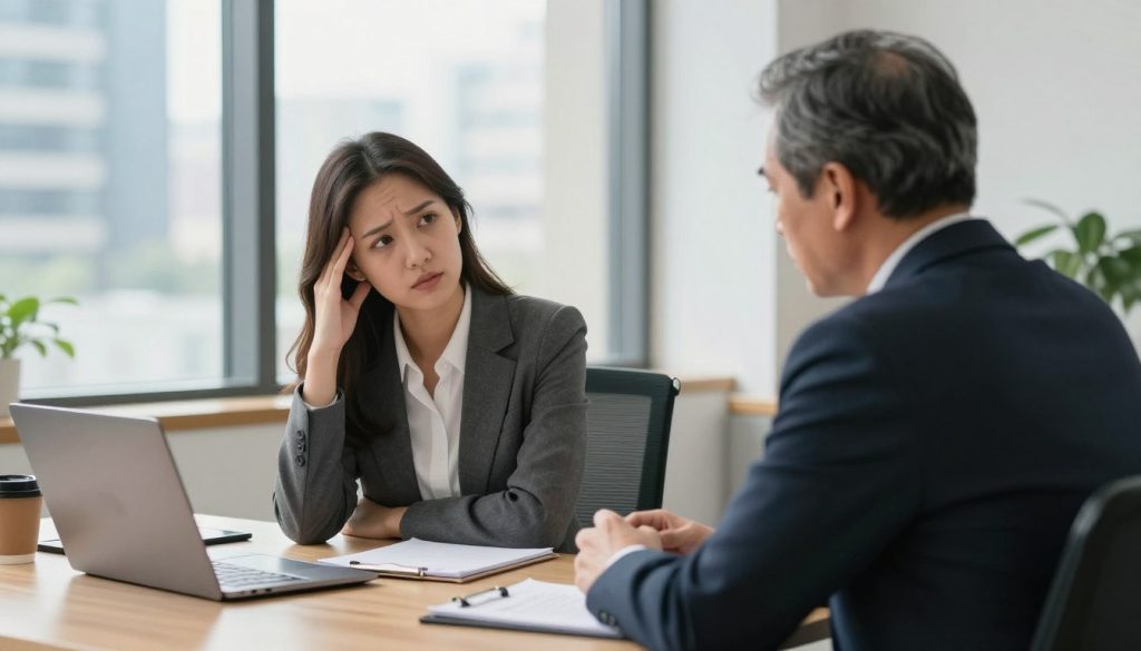 A well-lit office environment where a professional woman in business attire is sitting across a desk from a hiring manager. The woman looks confident yet anxious, indicating the tension of salary negotiation. The hiring manager, an older man in a suit, appears skeptical, with a furrowed brow, implying common negotiation pitfalls. On the desk, visible items like a notepad, a laptop, and a coffee cup symbolize the serious nature of the discussion. The background shows a large window revealing a cityscape, enhancing the professional atmosphere. Soft, natural lighting flows in, creating a warm yet tense mood. The perspective is slightly angled, focusing on the expressions of the characters, emphasizing the intricate dynamics of salary negotiation.