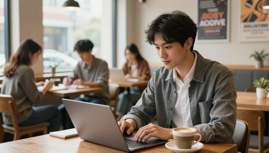 A young professional, dressed in smart casual attire, is confidently searching for job opportunities on a laptop in a bright, modern coffee shop. In the foreground, the individual, a focused young adult with a notebook and a steaming cup of coffee, embodies determination and eagerness. The middle ground reveals a cozy, inviting atmosphere, with other patrons engaged in similar pursuits, creating a sense of community. The background features large windows letting in warm, natural light, highlighting motivational posters on the walls. The mood is optimistic and energetic, emphasizing the excitement of entering the job market and exploring various channels for career opportunities. The angle is slightly above eye level, capturing both the subject's concentration and the vibrant environment around them.